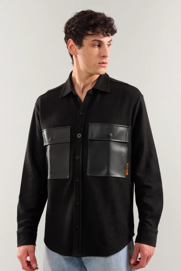 Heavy Weight Black rexin patch pocket full sleeve shirt
